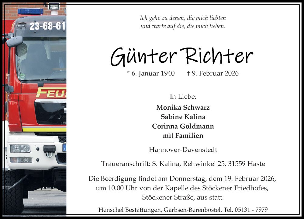  Traueranzeige für Günter Richter vom 14.02.2026 aus Hannoversche Allgemeine Zeitung/Neue Presse