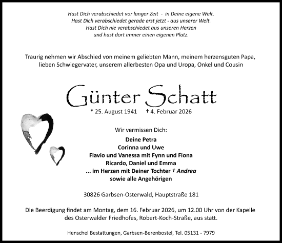 Traueranzeige von Günter Schatt von Hannoversche Allgemeine Zeitung/Neue Presse