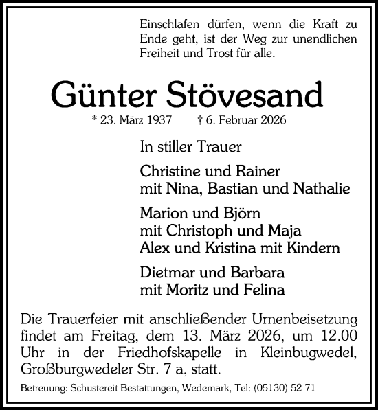 Traueranzeige von Günter Stövesand von Hannoversche Allgemeine Zeitung/Neue Presse
