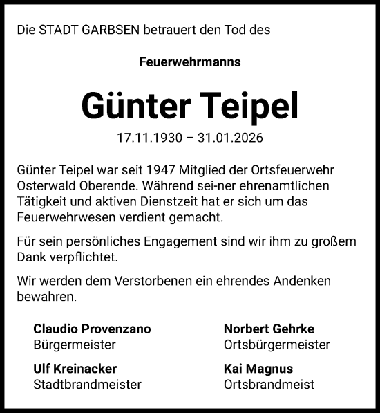 Traueranzeige von Günter Teipel von Hannoversche Allgemeine Zeitung/Neue Presse