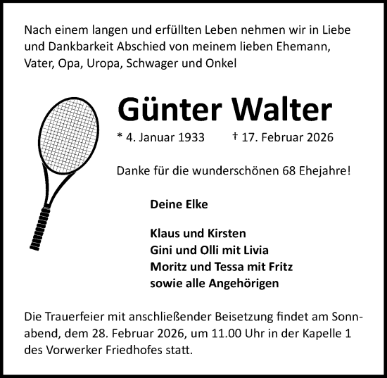 Traueranzeige von Günter Walter von Lübecker Nachrichten