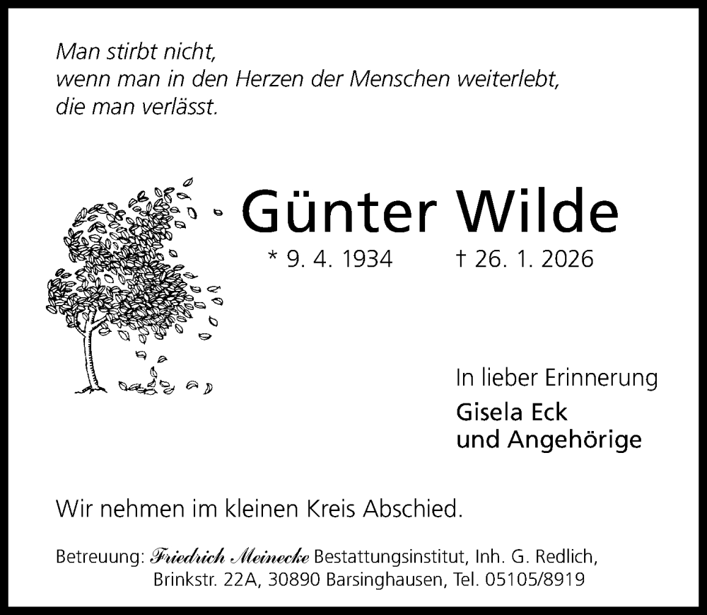  Traueranzeige für Günter Wilde vom 07.02.2026 aus Hannoversche Allgemeine Zeitung/Neue Presse