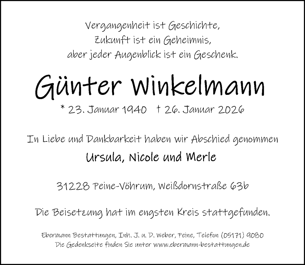  Traueranzeige für Günter Winkelmann vom 21.02.2026 aus Peiner Allgemeine Zeitung