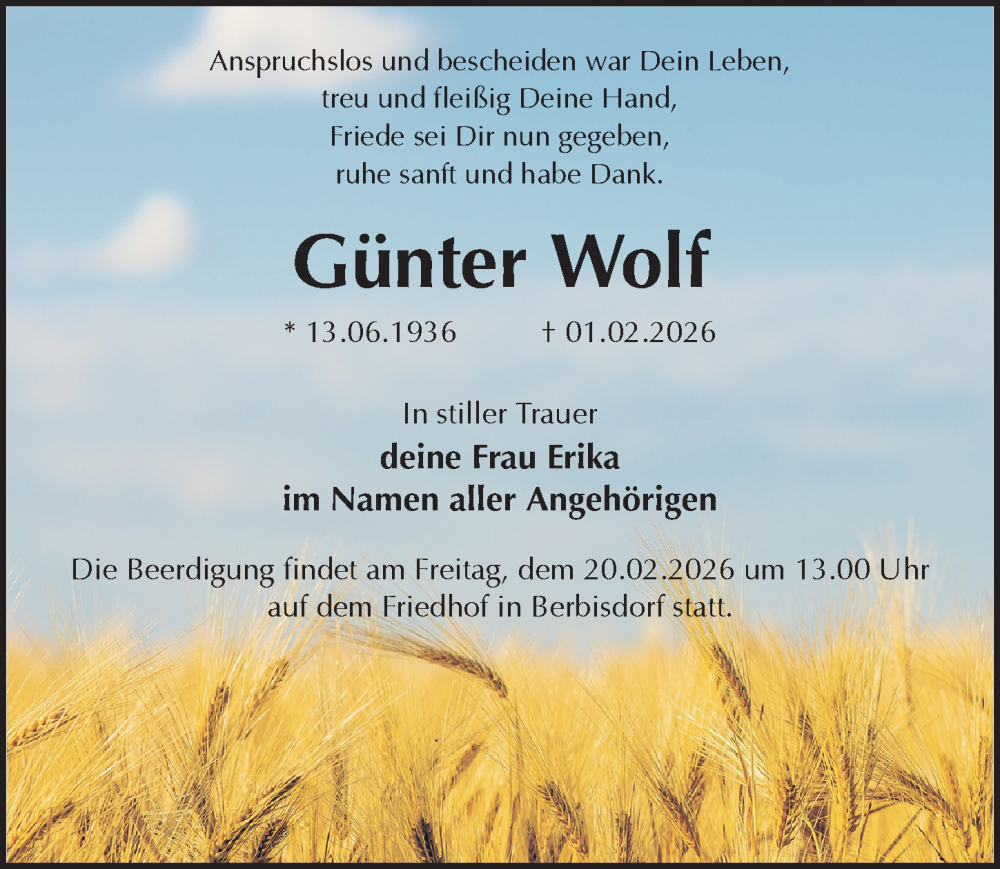  Traueranzeige für Günter Wolf vom 14.02.2026 aus Sächsische Zeitung
