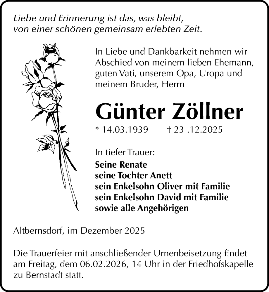  Traueranzeige für Günter Zöllner vom 24.01.2026 aus Sächsische Zeitung