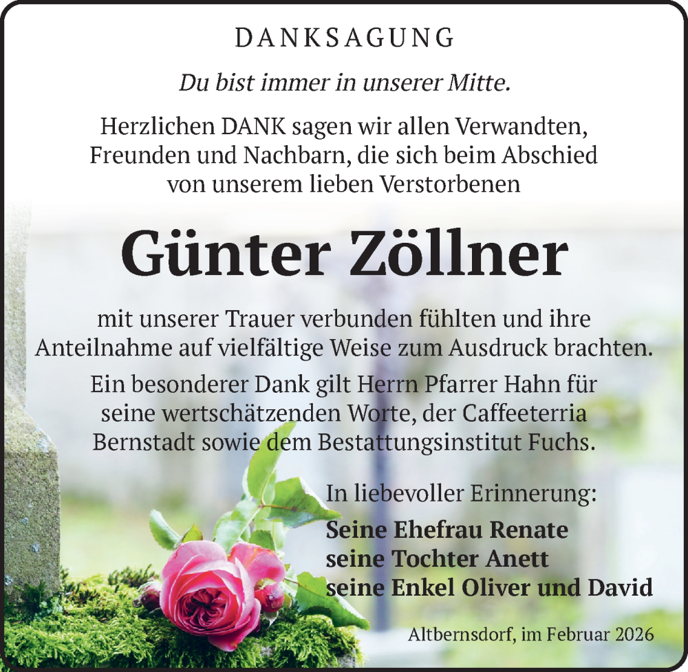  Traueranzeige für Günter Zöllner vom 21.02.2026 aus Sächsische Zeitung