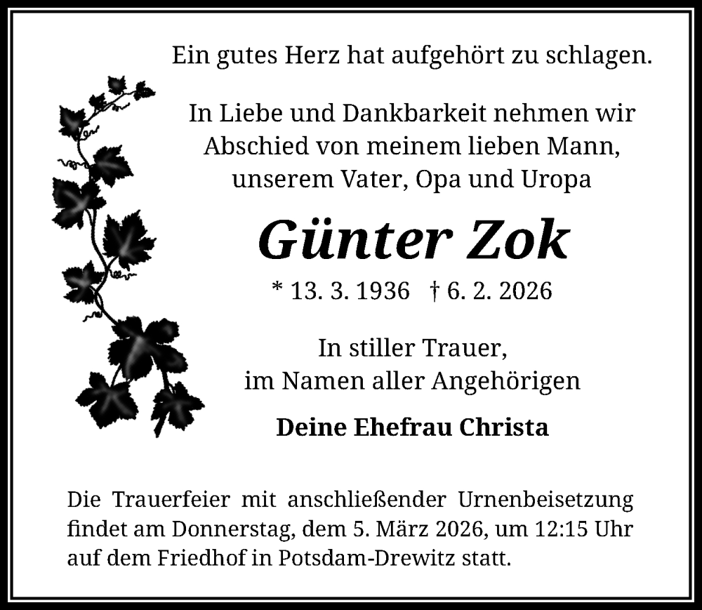  Traueranzeige für Günter Zok vom 14.02.2026 aus Märkischen Allgemeine Zeitung