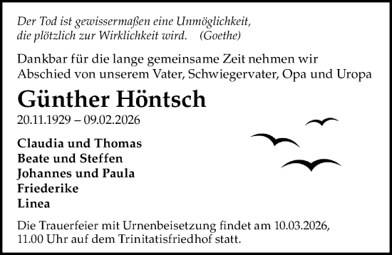 Traueranzeige von Günther Höntsch von Sächsische Zeitung