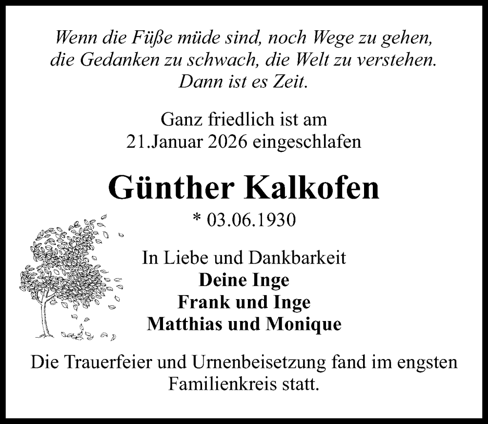  Traueranzeige für Günther Kalkofen vom 21.02.2026 aus Wochenspiegel