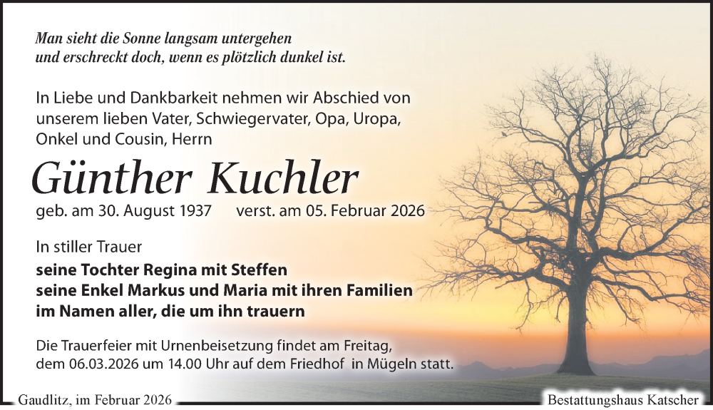  Traueranzeige für Günther Kuchler vom 14.02.2026 aus Leipziger Volkszeitung
