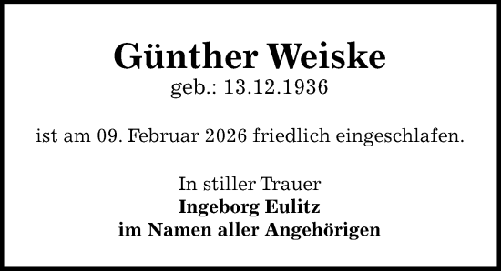 Traueranzeige von Günther Weiske von Leipziger Volkszeitung