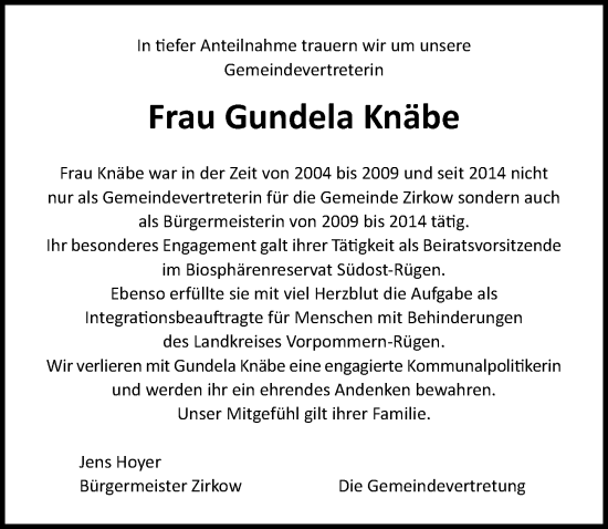 Traueranzeige von Gundela Knäbe von Ostsee-Zeitung GmbH