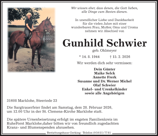 Traueranzeige von Gunhild Schwier von Die Harke