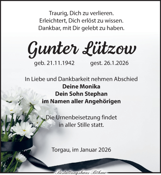 Traueranzeige von Gunter Lützow von Torgauer Zeitung