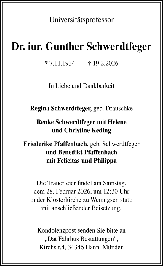 Traueranzeige von Gunther Schwerdtfeger von Hannoversche Allgemeine Zeitung/Neue Presse