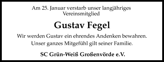Traueranzeige von Gustav Fegel von Die Harke