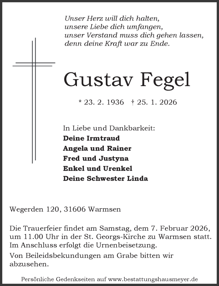  Traueranzeige für Gustav Fegel vom 04.02.2026 aus Die Harke