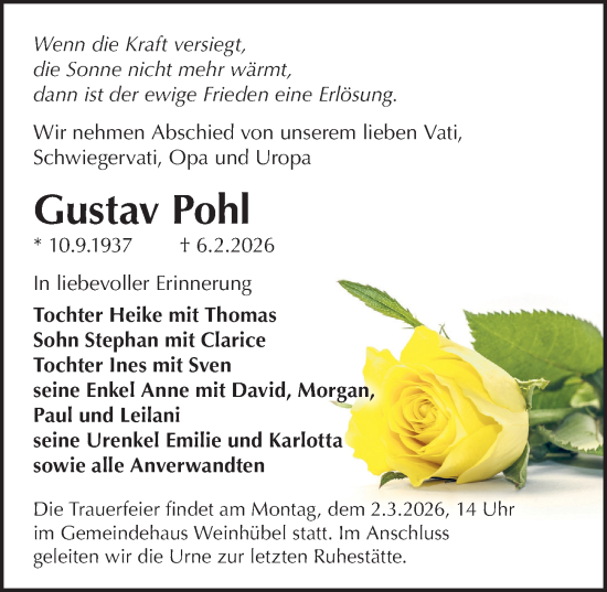 Traueranzeige von Gustav Pohl von Sächsische Zeitung