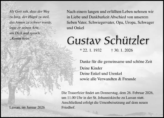 Traueranzeige von Gustav Schützler von Ostsee-Zeitung GmbH