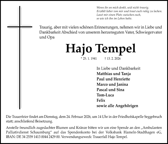 Traueranzeige von Hajo Tempel von Schaumburger Nachrichten