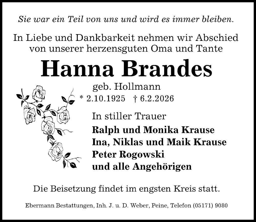  Traueranzeige für Hanna Brandes vom 14.02.2026 aus Peiner Allgemeine Zeitung