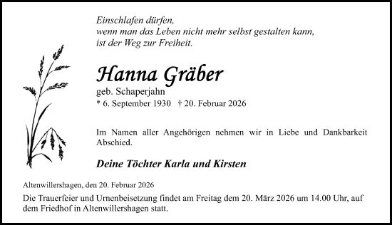 Traueranzeige von Hanna Gräber von Ostsee-Zeitung GmbH