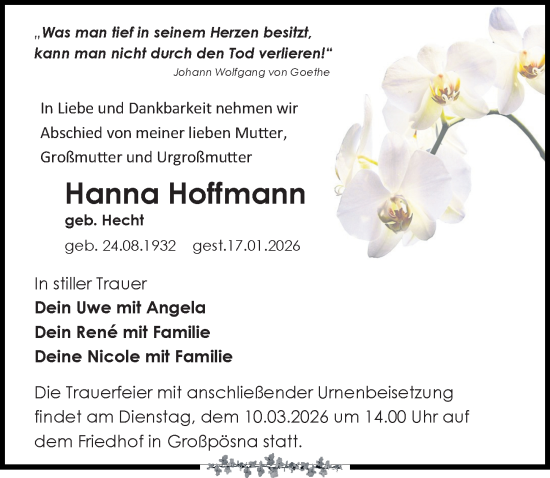 Traueranzeige von Hanna Hoffmann von Leipziger Volkszeitung