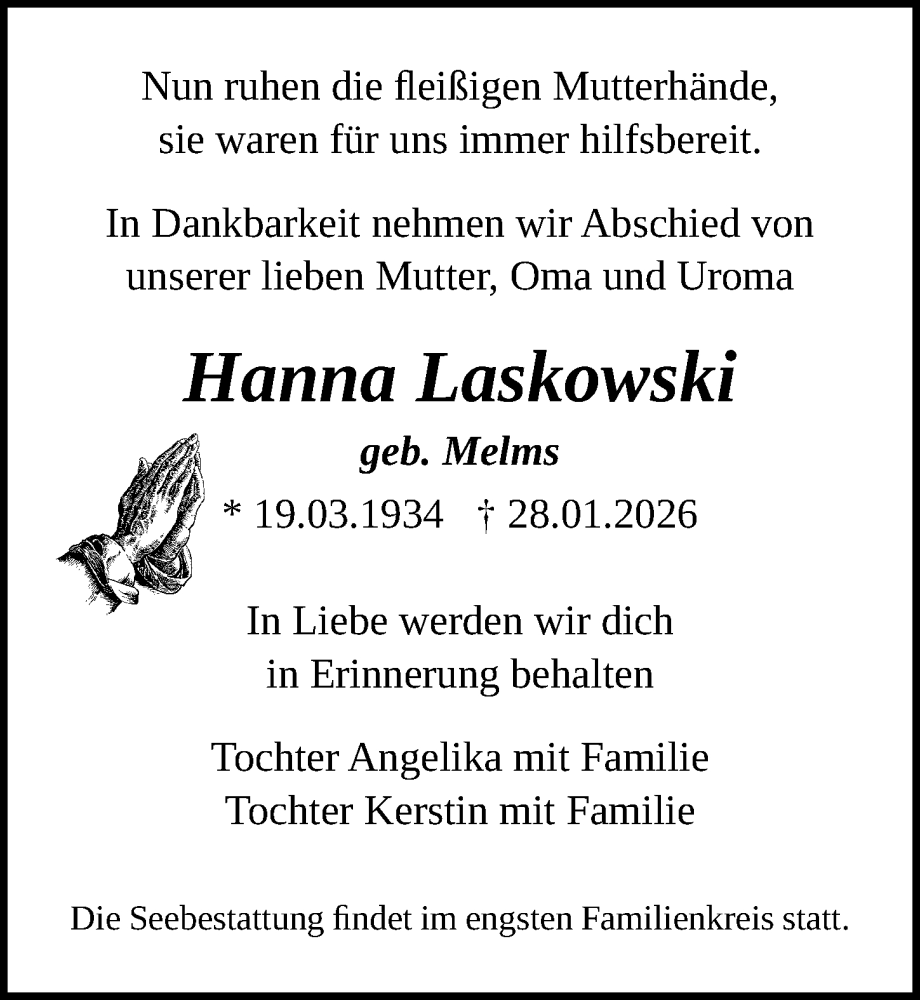  Traueranzeige für Hanna Laskowski vom 07.02.2026 aus Ostsee-Zeitung GmbH
