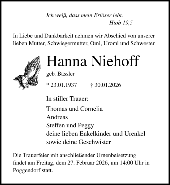 Traueranzeige von Hanna Niehoff von Ostsee-Zeitung GmbH