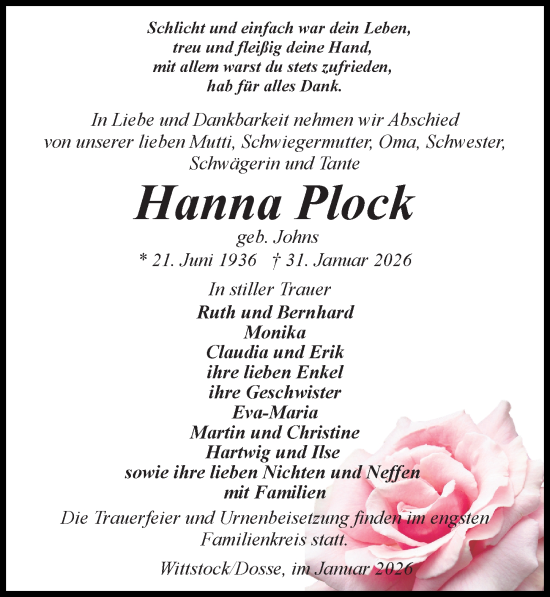 Traueranzeige von Hanna Plock von Wochenspiegel