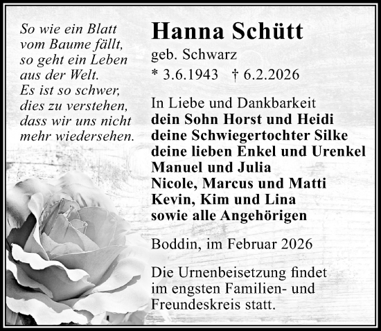 Traueranzeige von Hanna Schütt von Wochenspiegel