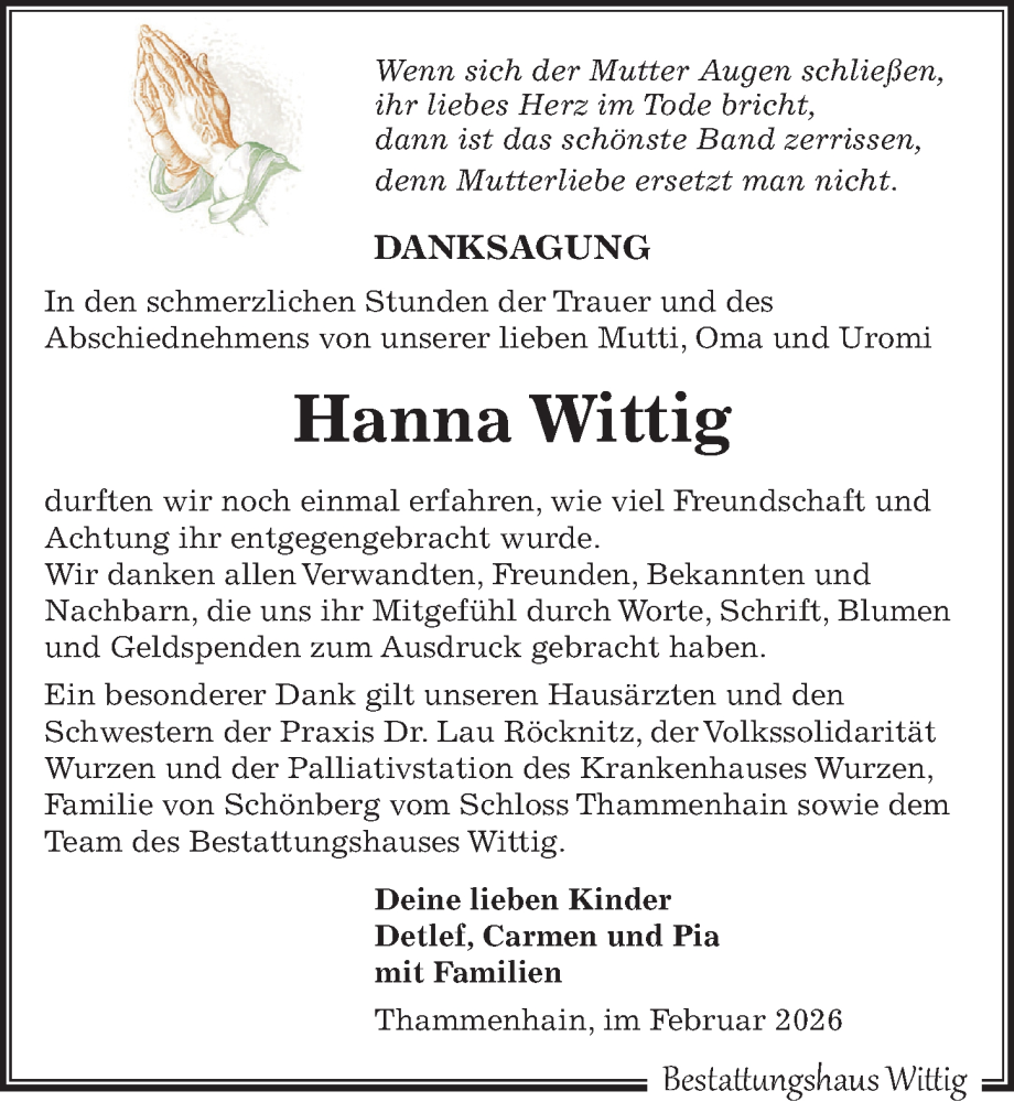  Traueranzeige für Hanna Wittig vom 14.02.2026 aus Leipziger Volkszeitung