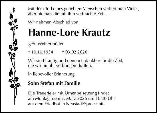 Traueranzeige von Hanne-Lore Krautz von Sächsische Zeitung