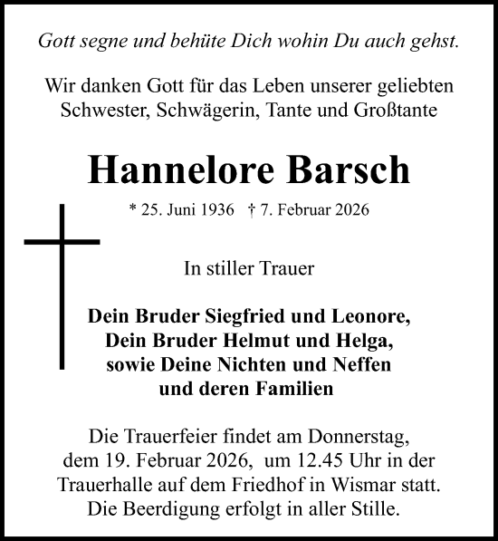 Traueranzeige von Hannelore Barsch von Ostsee-Zeitung GmbH