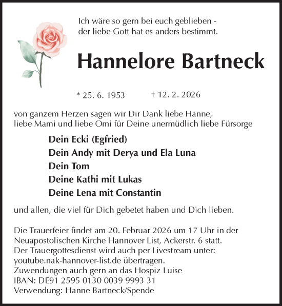 Traueranzeige von Hannelore Bartneck von Hannoversche Allgemeine Zeitung/Neue Presse