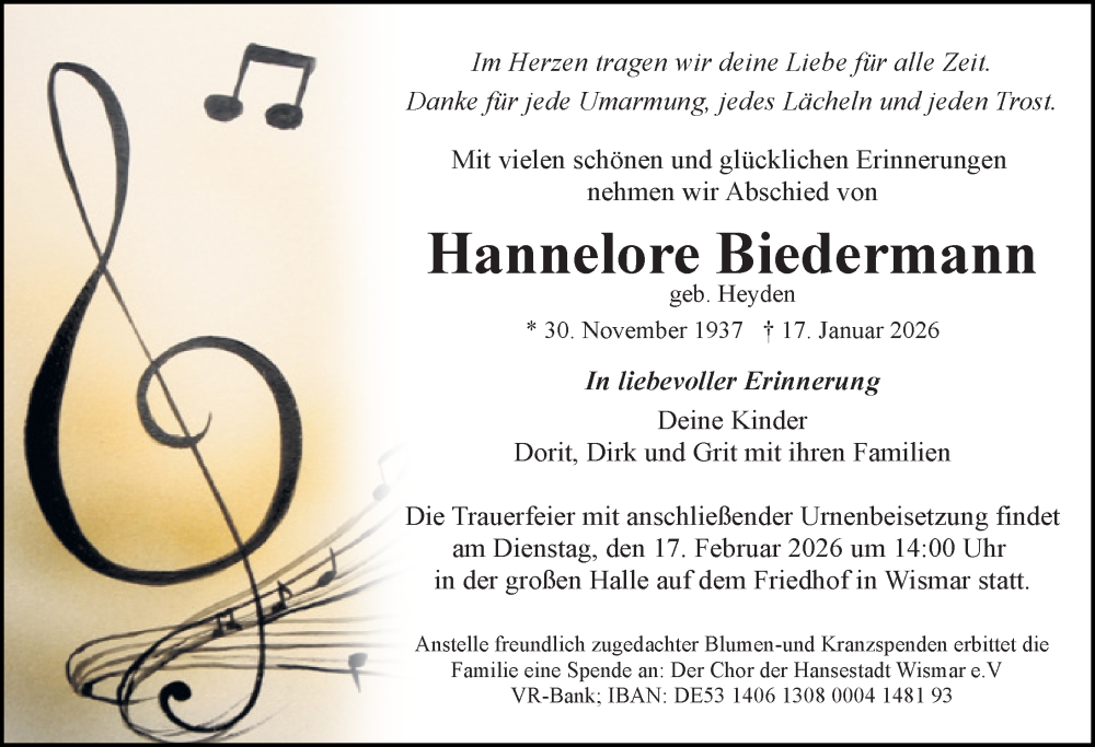  Traueranzeige für Hannelore Biedermann vom 07.02.2026 aus Ostsee-Zeitung GmbH