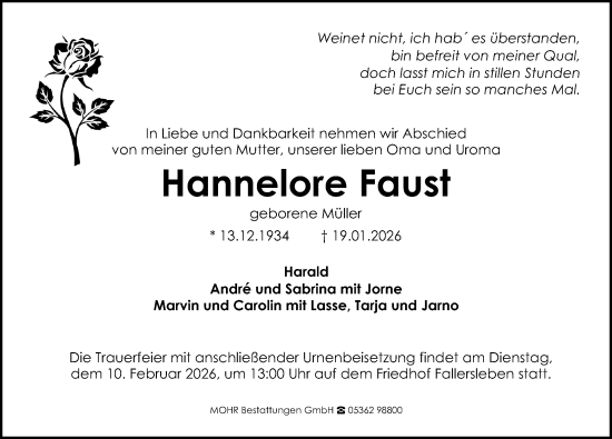 Traueranzeige von Hannelore Faust von Aller Zeitung