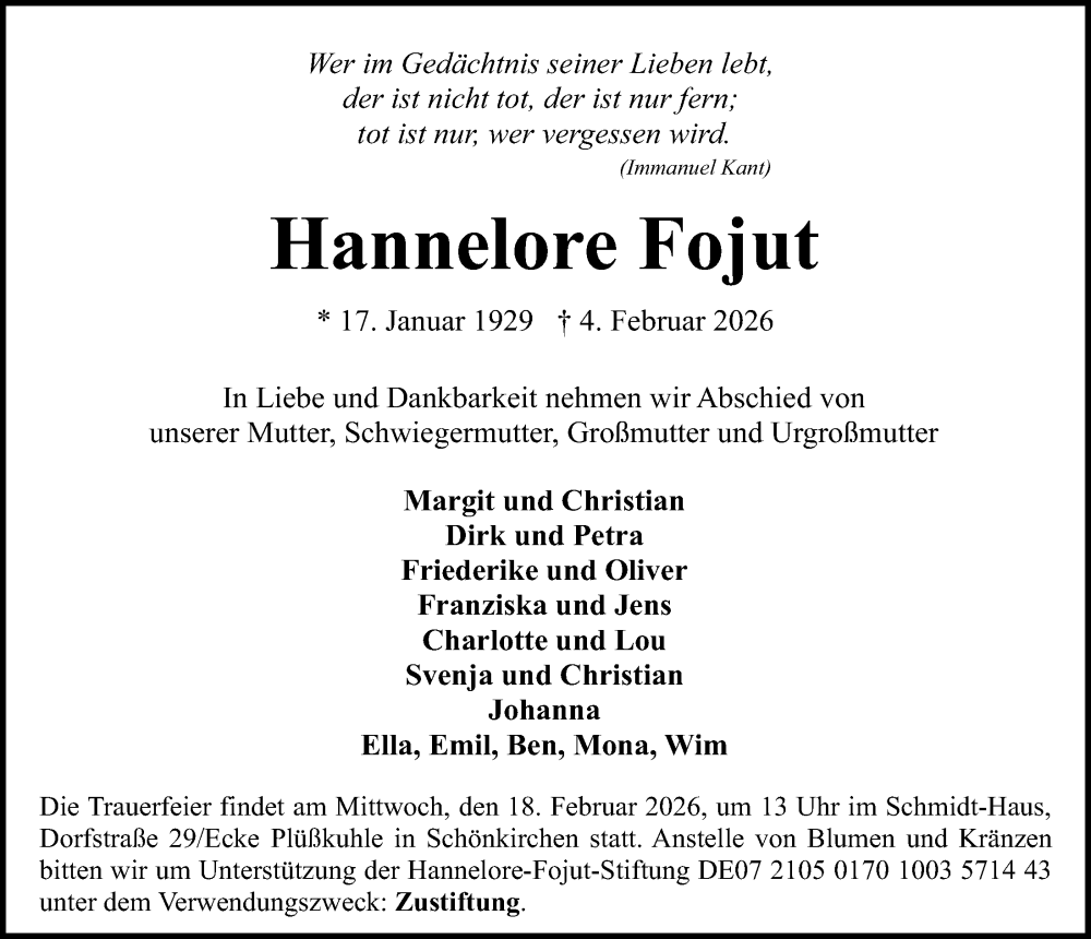  Traueranzeige für Hannelore Fojut vom 14.02.2026 aus Kieler Nachrichten