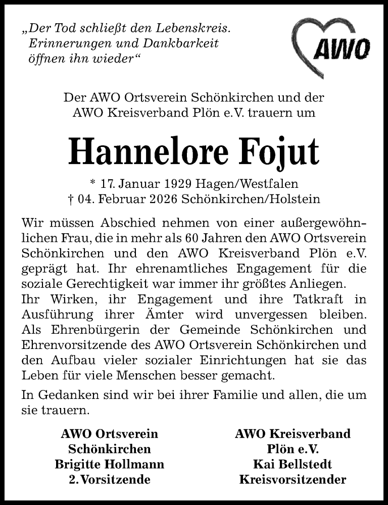  Traueranzeige für Hannelore Fojut vom 14.02.2026 aus Kieler Nachrichten