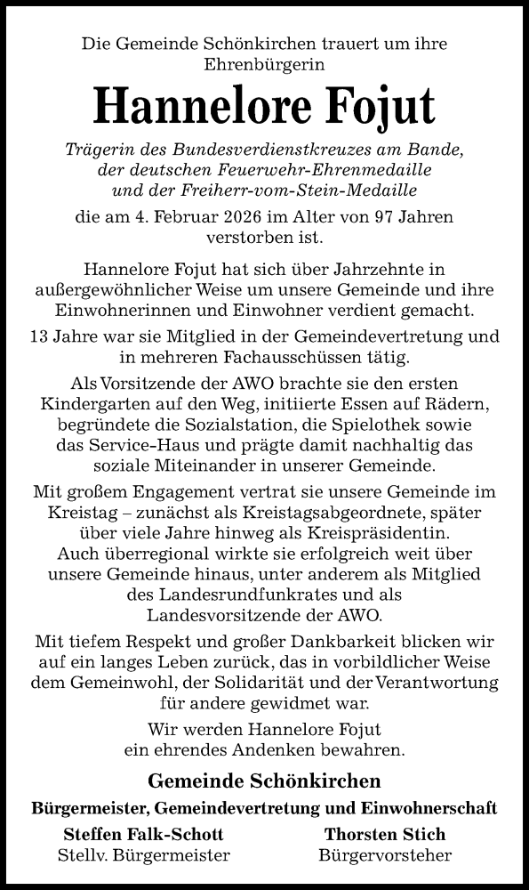  Traueranzeige für Hannelore Fojut vom 14.02.2026 aus Kieler Nachrichten