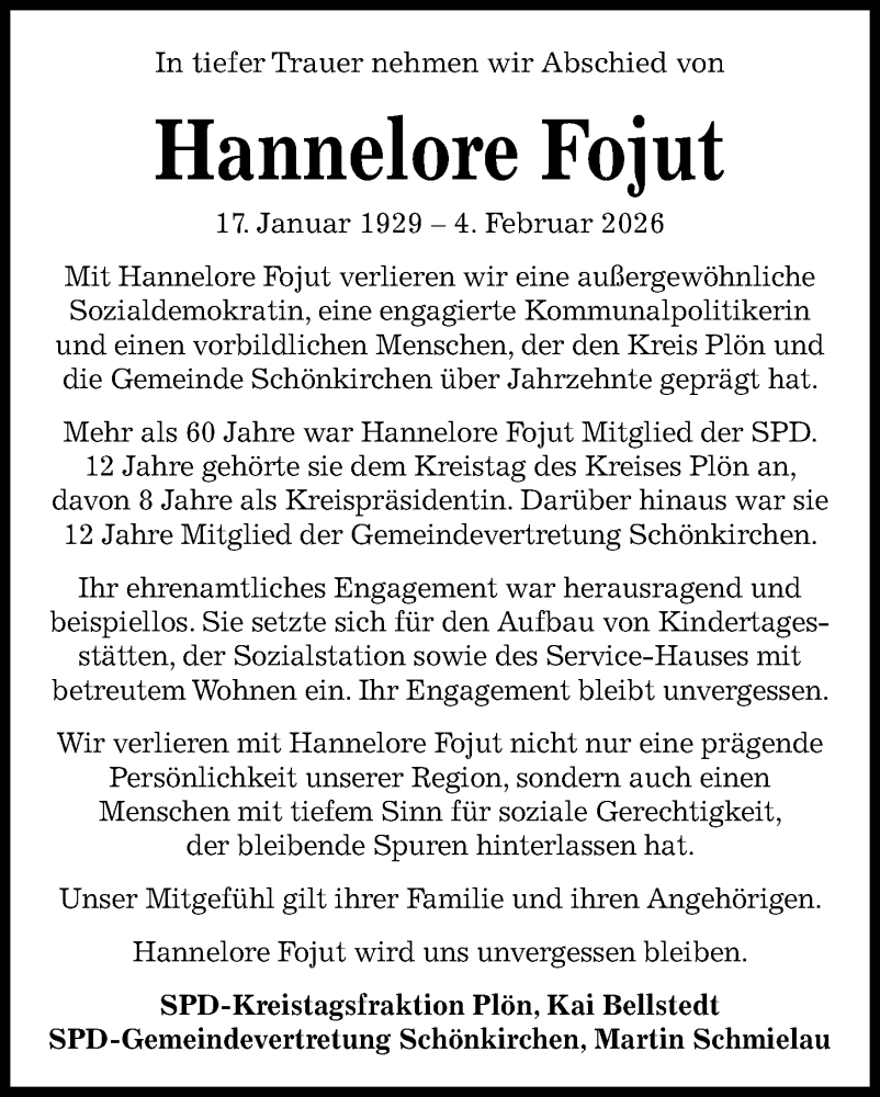  Traueranzeige für Hannelore Fojut vom 14.02.2026 aus Kieler Nachrichten
