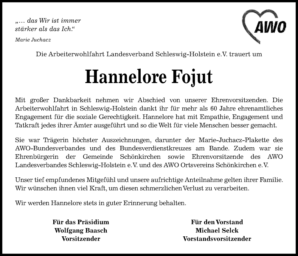  Traueranzeige für Hannelore Fojut vom 14.02.2026 aus Kieler Nachrichten