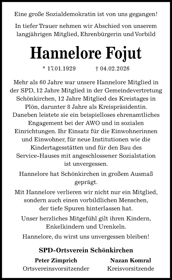 Traueranzeige von Hannelore Fojut von Kieler Nachrichten