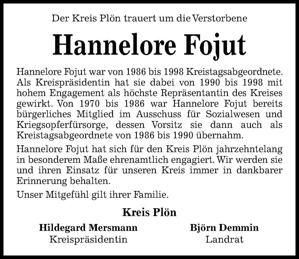  Traueranzeige für Hannelore Fojut vom 14.02.2026 aus Kieler Nachrichten