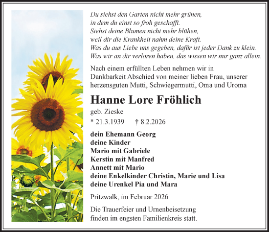 Traueranzeige von Hanne Lore Fröhlich von Wochenspiegel