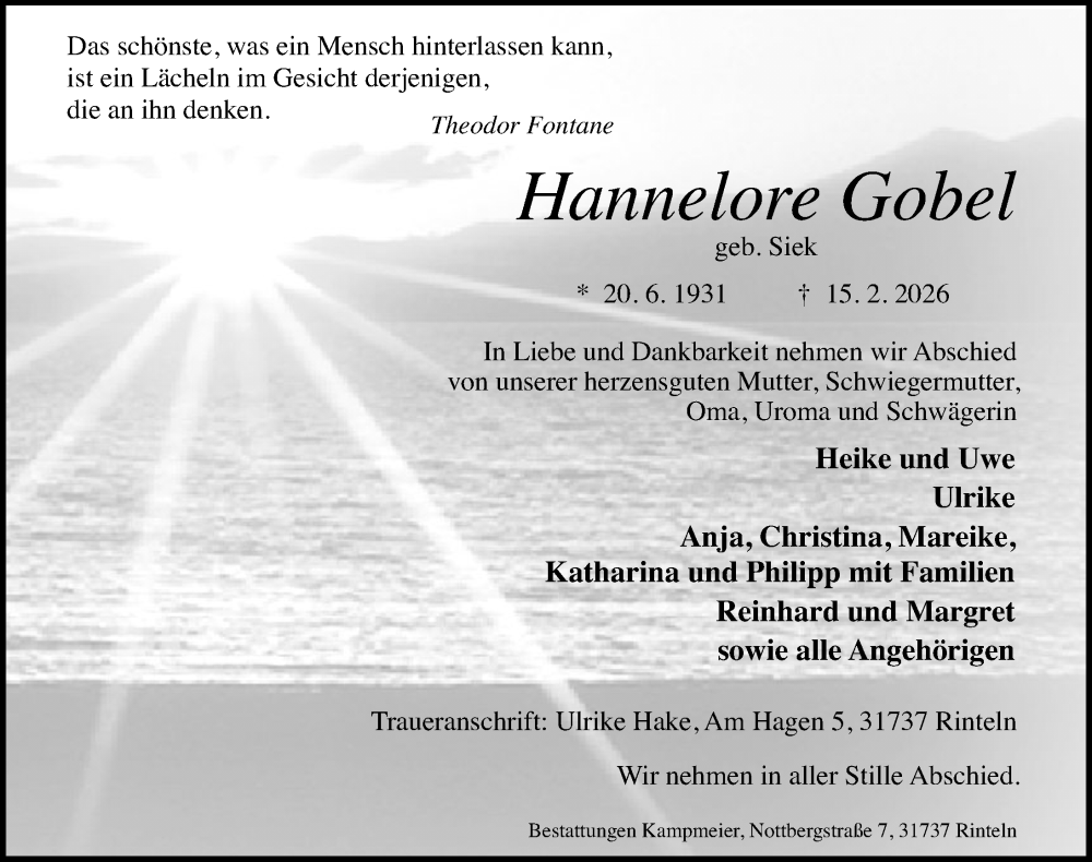  Traueranzeige für Hannelore Gobel vom 21.02.2026 aus Schaumburger Nachrichten und Schaumburger Zeitung/ Landes-Zeitung