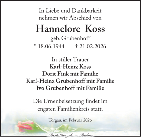 Traueranzeige von Hannelore Koss von Torgauer Zeitung