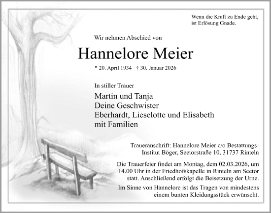 Traueranzeige von Hannelore Meier von Schaumburger Nachrichten und Schaumburger Zeitung/ Landes-Zeitung