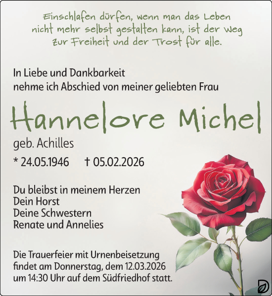 Traueranzeige von Hannelore Michel von Leipziger Volkszeitung