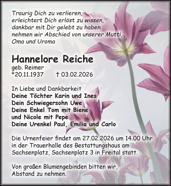 Traueranzeige von Hannelore Reiche von Sächsische Zeitung